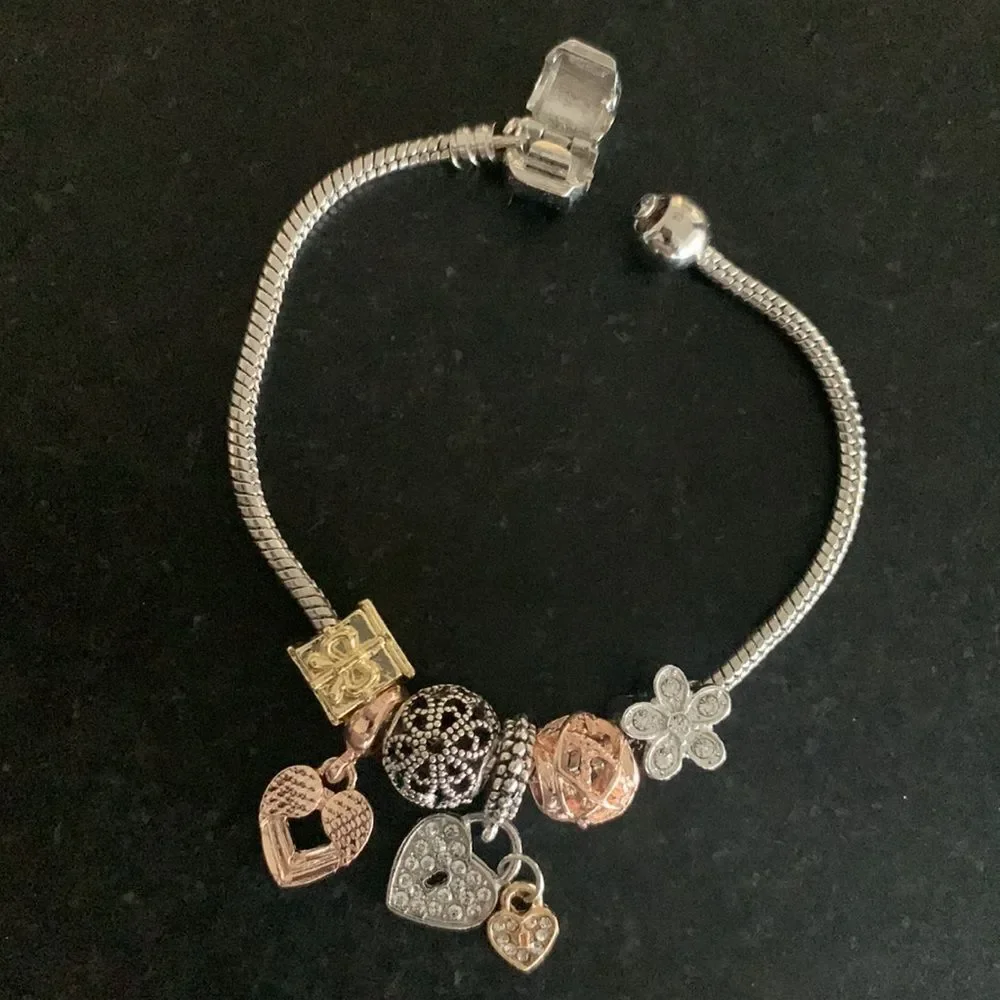 Mixed Metal Tone Charm Bracelet with Heart, Flower & Bead Charms